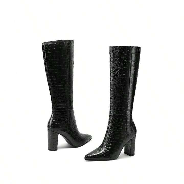 MIRAAZZURRA Kniehohe Damenstiefel, klobiger Absatz Krokodilmuster modische GoGo-Stiefel mit Reiß... | SHEIN