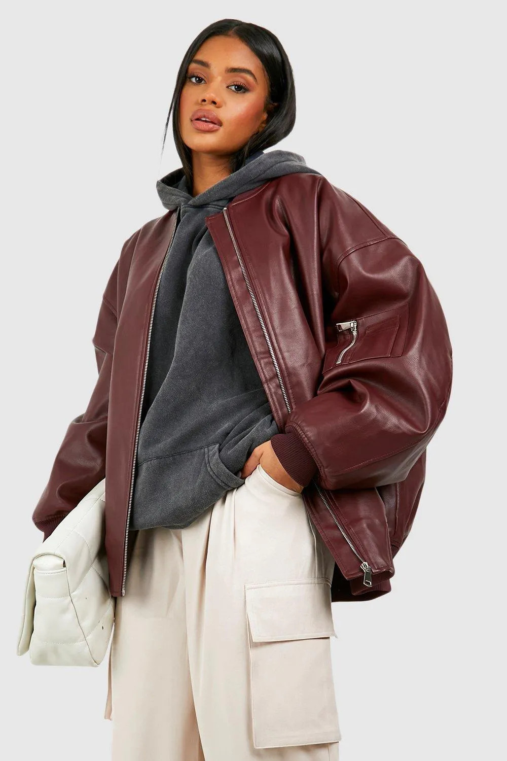 Oversized Faux Leather Bomber Jacket | Boohoo.com (UK & IE)