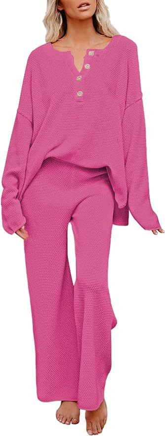 Pink Queen Women's 2 Piece Outfit Set Long Sleeve Button Knit Pullover Sweater Top and Wide Leg P... | Amazon (US)