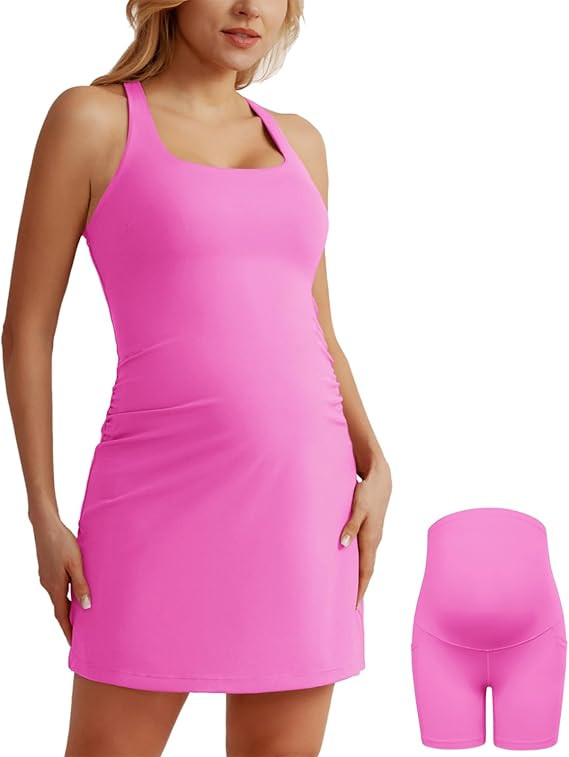 Maacie Maternity Tennis Dress with Shorts and Built in Bra Scoop Neck Sleeveless A-line Workout G... | Amazon (US)