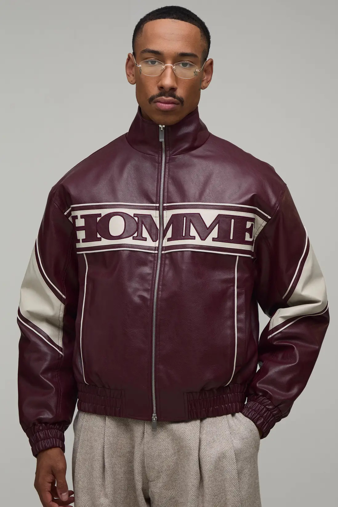 Burgundy Funnel Neck Colour Block PU Bomber Jacket | BOOHOOMAN USA | boohooMAN (US & Canada)