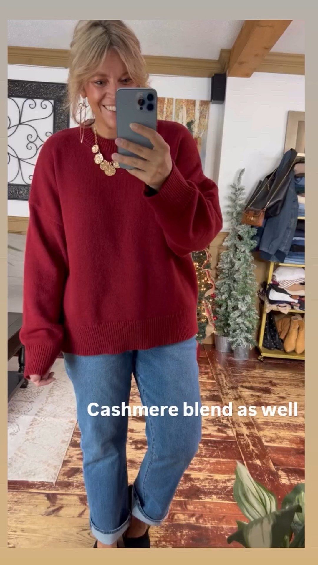 Cashmere blend as well; size xl in this high quality sweater. Jeans size 14. 

#LTKSeasonal #LTKMidsize #LTKOver40