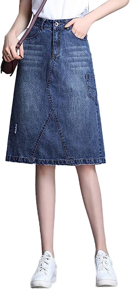 Tanming Women's Knee Length A-Line Distressed Midi Denim Jean Skirt | Amazon (US)