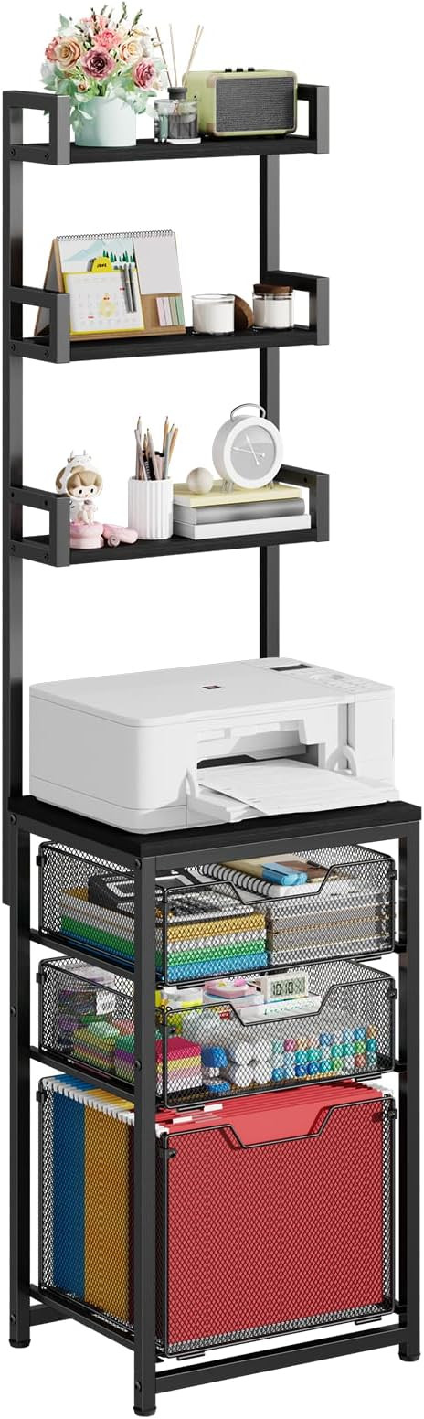 61" Tall 3-Drawer Vertical File Cabinet, Heavy-Duty Filing Cabinet with Printer Stand, Metal Mesh... | Amazon (US)