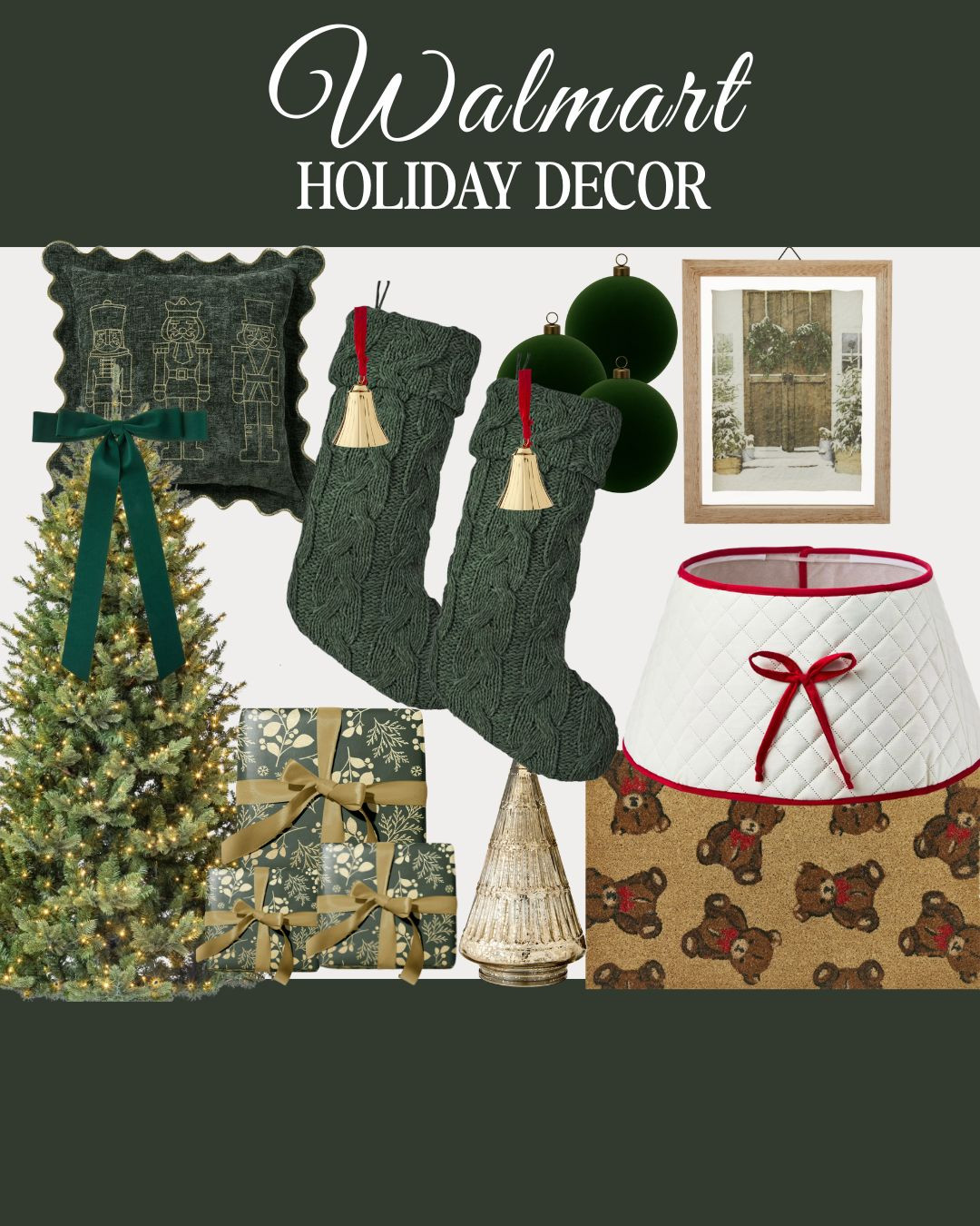 Shop this Walmart holiday decor:
- Green stockings
- Scallop pillow
- Christmas tree
- Green ribbon
- Velvet ornaments
- Christmas decor red and white tree skirt
- Teddy bear doormat
- Holiday finds
- Walmart finds 

 #LTKHoliday #LTKSeasonal #LTKHome