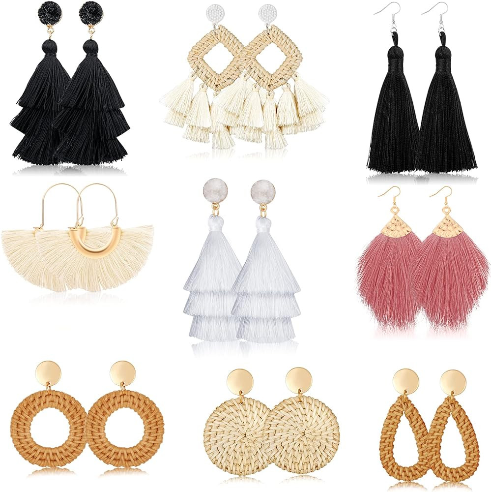 Hazms 9 Pairs Rattan Earrings Tassel Earrings for Women Girls Lightweight Acrylic Geometric State... | Amazon (US)