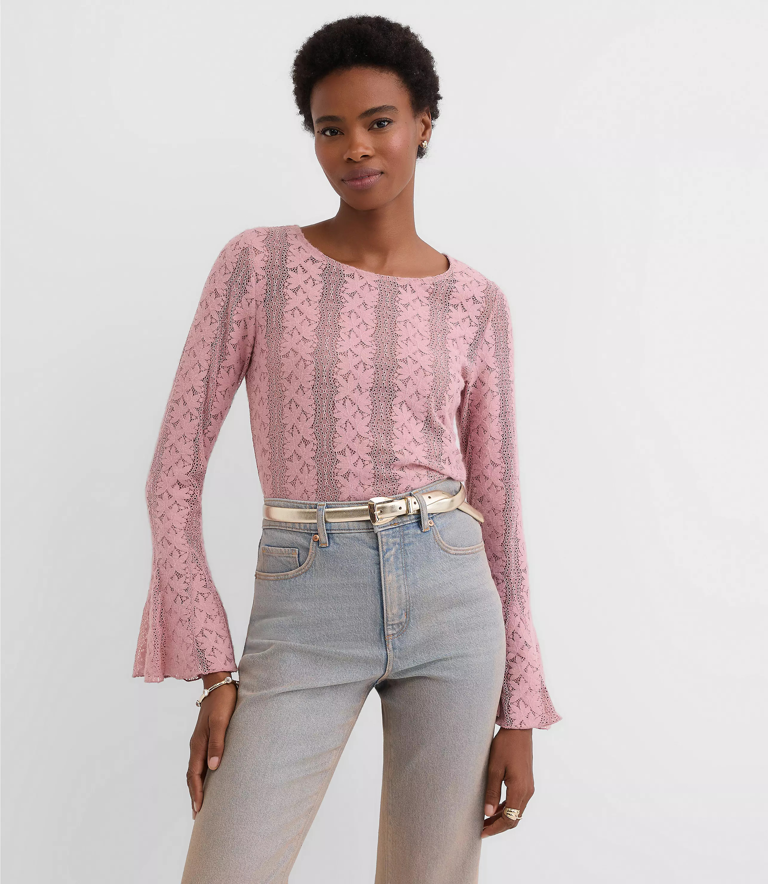 Floral Lace Godet Sleeve Top | LOFT