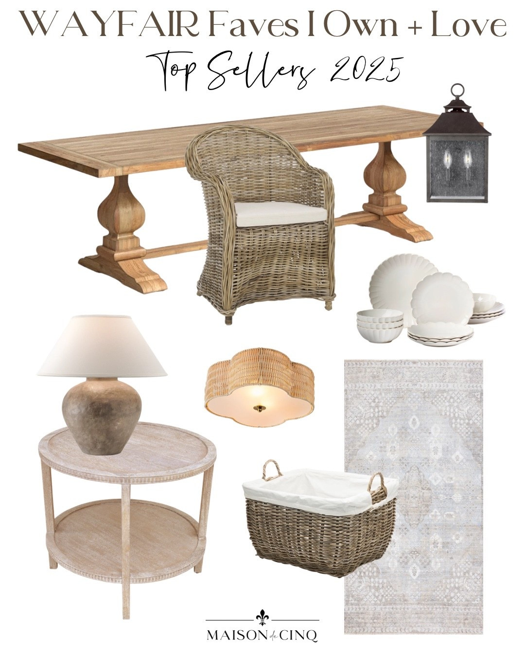 Wayfair furniture and decor I own and love - and are MdC best sellers too!

Home decor, outdoor furniture, area rug, side table, table lamp, outdoor dining table, dishes, ceiling light 

#LTKHome