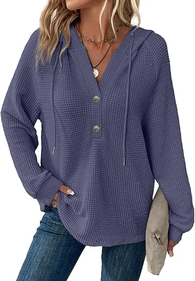 Dokotoo Hoodies for Women Waffle Knit Long Sleeve Drawstring Button V Neck Casual Pullover Sweats... | Amazon (US)
