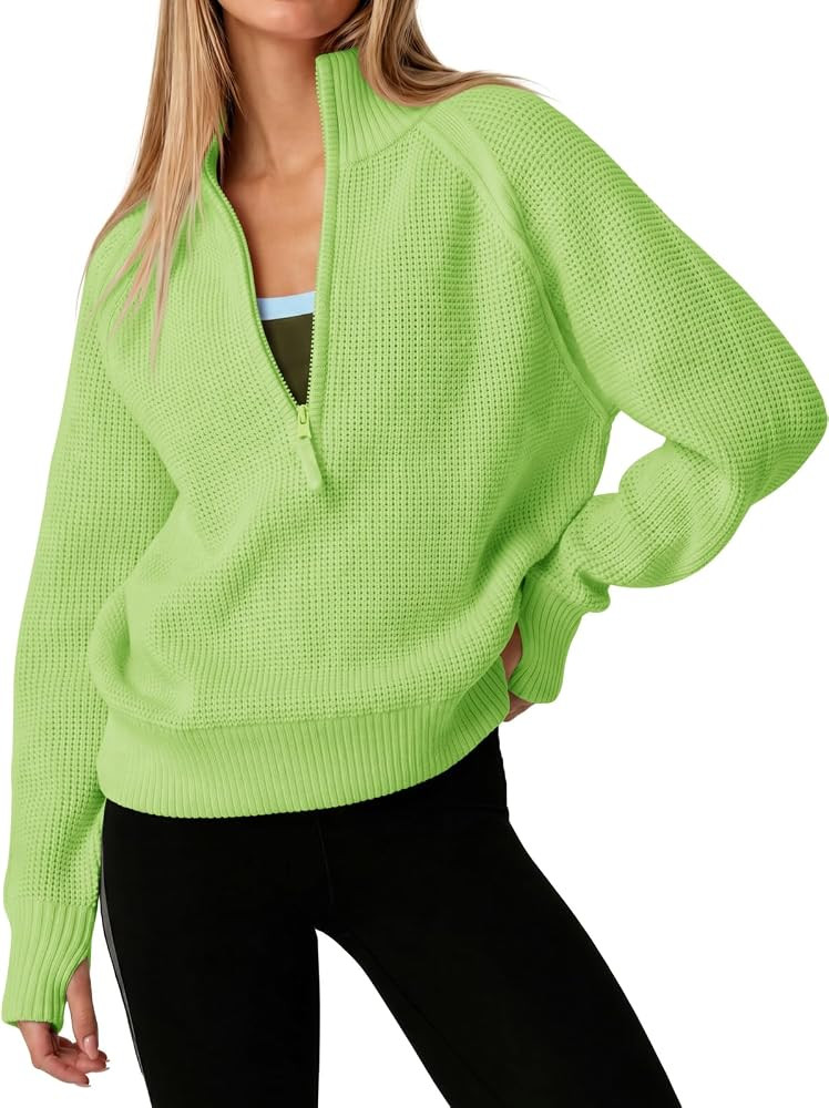 Fisoew Womens Quarter Zip Pullover Sweaters Waffle Knit Long Sleeve Tops | Amazon (US)