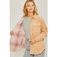 Reversible Corduroy Fleece Plaid Shacket Camel Cream Pink | Etsy (US)