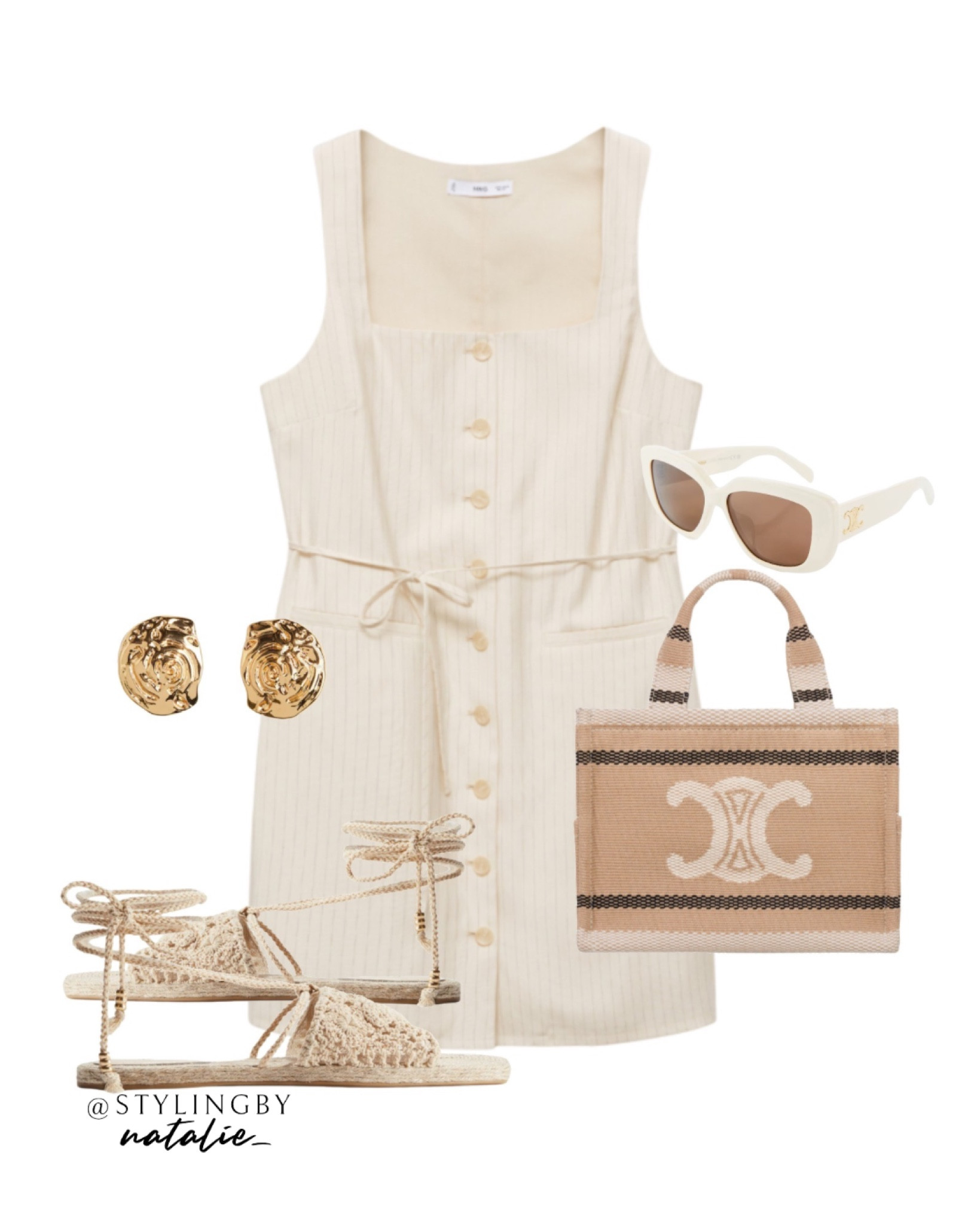 Pinstripe button up summer dress with tie belt, celine tote bag, tie up sandals, and sea shell earrings. Summer outfit.

#LTKsummer #LTKmidsize #LTKstyletip