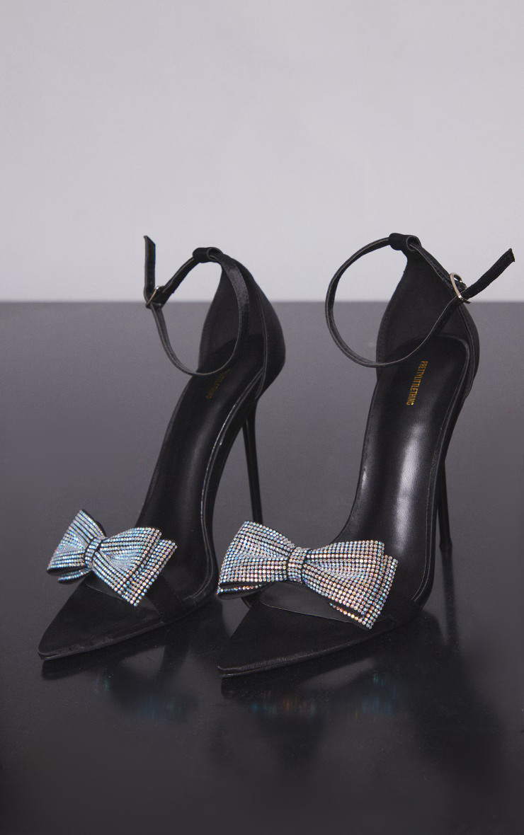 Black Satin Point Toe Diamante Bow Detail High Stiletto Heeled Sandals | PrettyLittleThing US