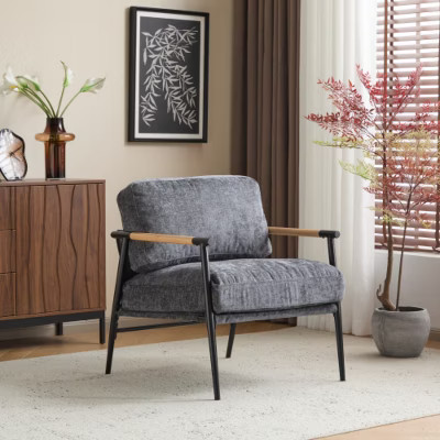 Grey 27.56" modern chair with plush cushions, simple metal frame and wooden armrests | Target