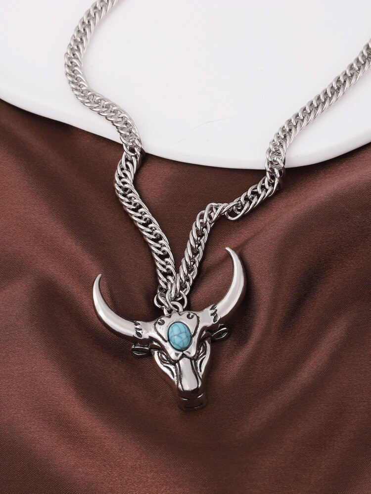 Turquoise Decor Bull Head Pendant Necklace | SHEIN