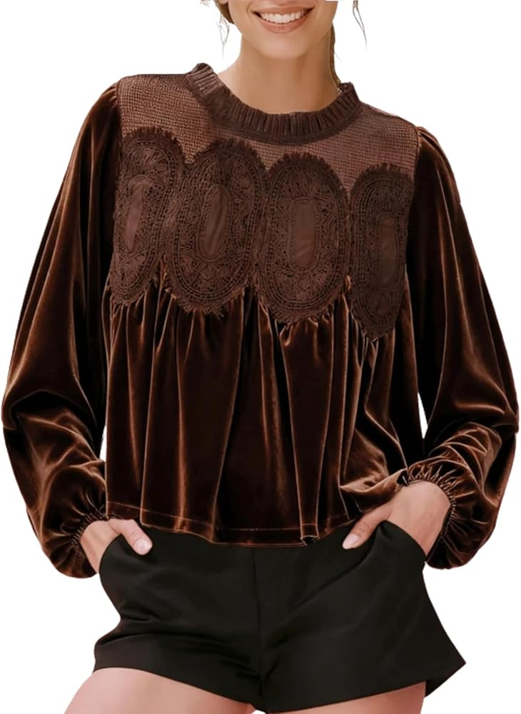 Gozoloma Women's Long Sleeve Velvet Trim Lace Blouse Elegant Flared Swing Top Round Neck Blouse C... | Amazon (US)
