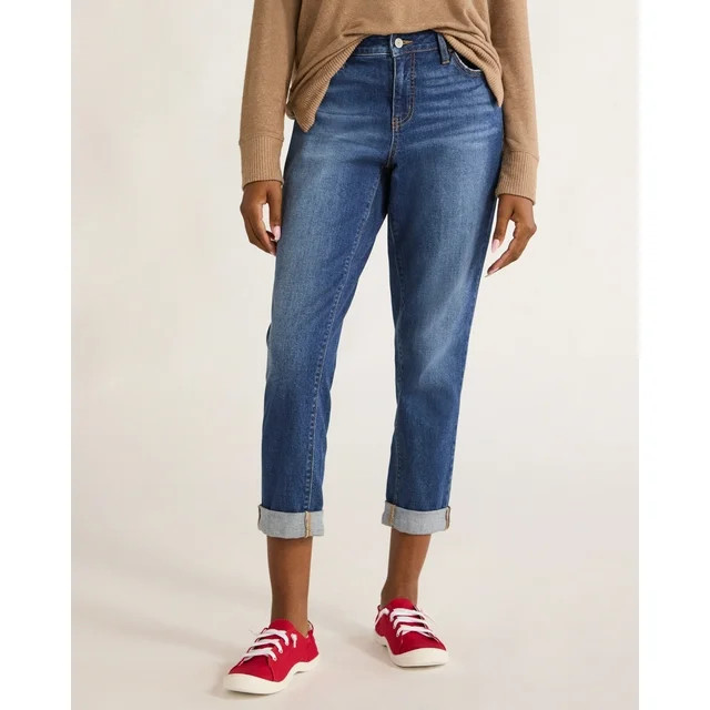 Time and Tru Women's Mid Rise Cropped Boyfriend Jeans with Rolled Cuffs, 26” Inseam, Sizes 2-20 | Walmart (US)