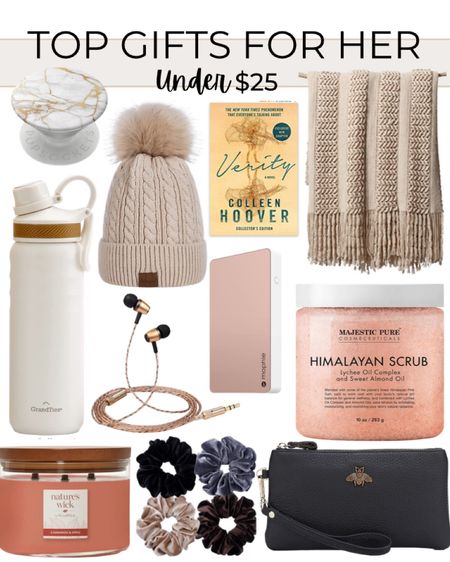 Gifts for her under $25 include white and gold pop socket, white water bottle, gold headphones, three-wick candle, set of scrunchie a, wristlet, Himalayan salt scrub, portable charger, throw blanket, Verity book, and winter hat.

Gift guide, gifts for her, affordable gifts, affordable gift guide

#LTKstyletip #LTKunder50 #LTKGiftGuide
