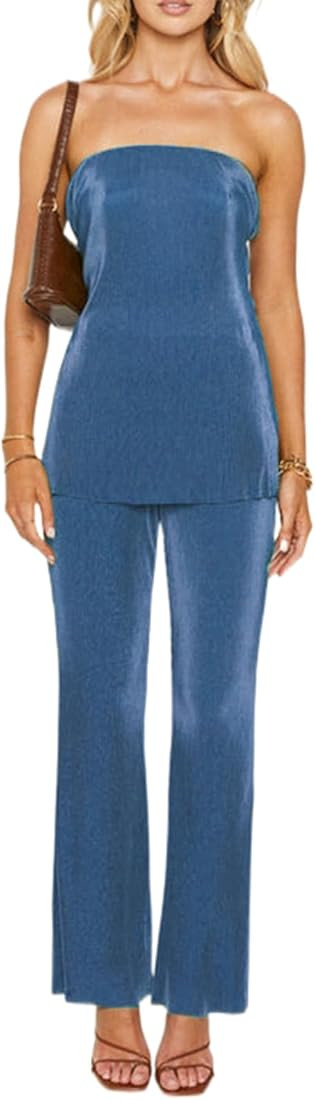 Sexy Two Pieces Plisse Pants Set for Women Y2K 2Pcs Matching Set Strapless Tube Top Pleated Wide Leg | Amazon (US)