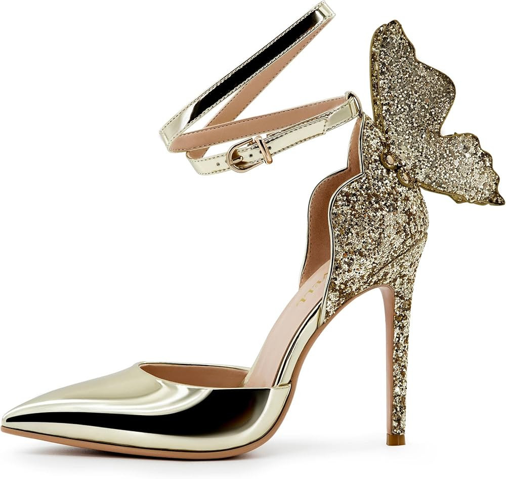FINDVELL Gold High Heels Butterfly Back Sexy Stiletto Pumps Closed Toe Sparkly Ankle Strap Heels ... | Amazon (US)