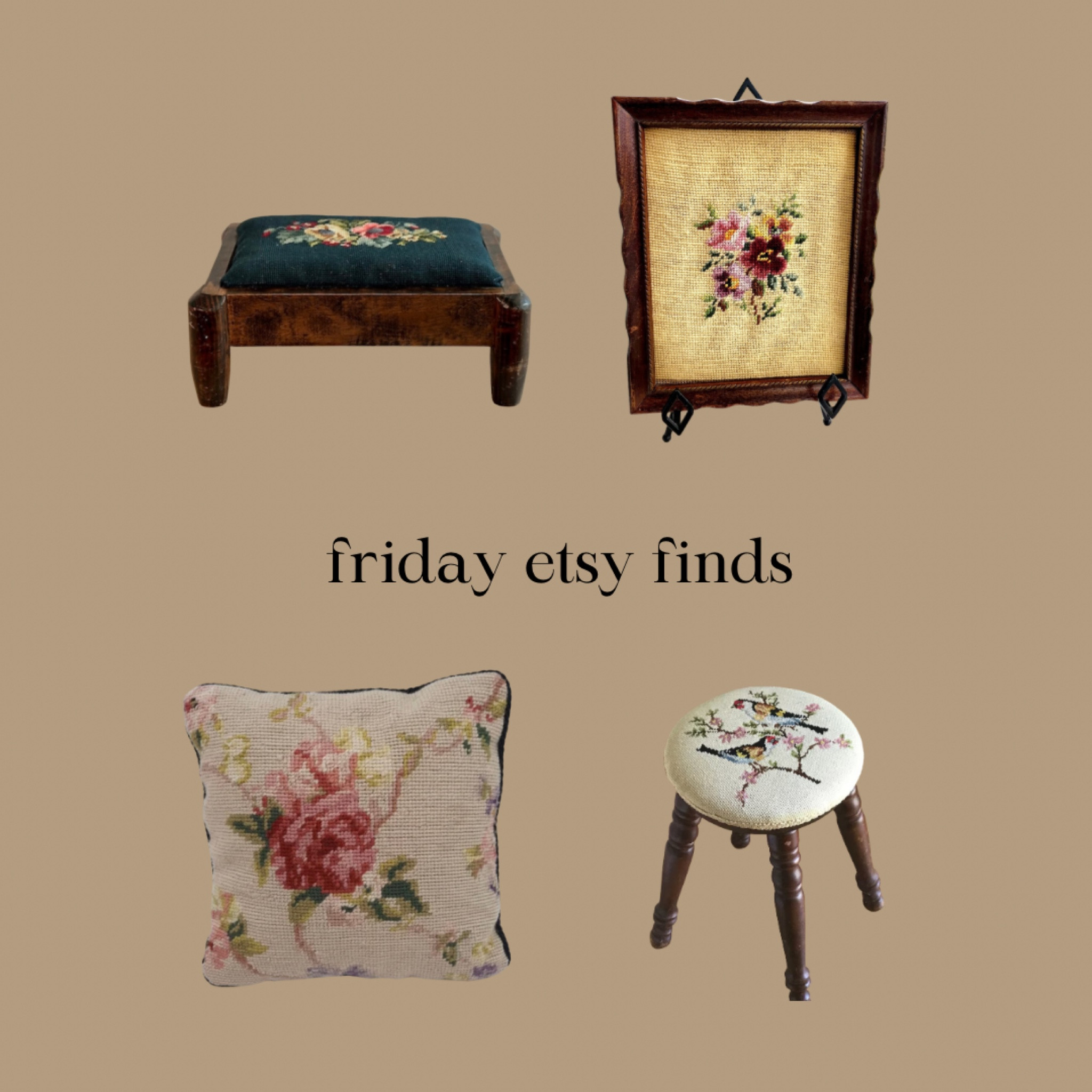 Friday Etsy finds have all the grandma core vibes.  Vintage needlepoint in wall art, stool, and pillow finds.  

Home decor, Etsy finds, 

#LTKfindsunder100 #LTKhome #LTKstyletip