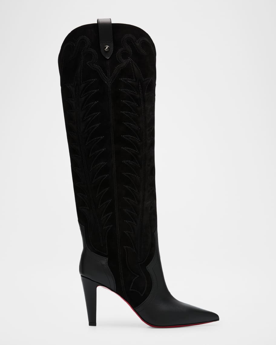 Christian Louboutin Santia Mixed Leather Suede Knee-High Red Sole Western Boots | Neiman Marcus
