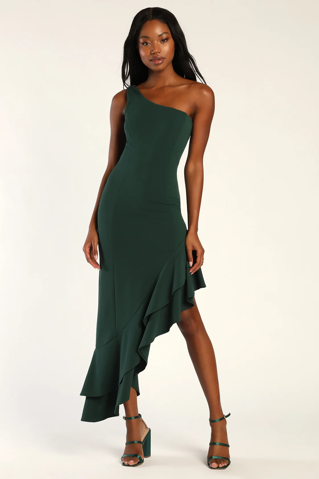 Steal a Glance Forest Green One-Shoulder Asymmetrical Midi Dress | Lulus (US)