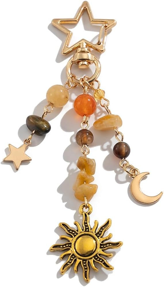 Sun Moon Star Keychain Y2k Aesthetic Boho Hippie Keychain Crystal Beads Bag Purse Charms for Hand... | Amazon (US)