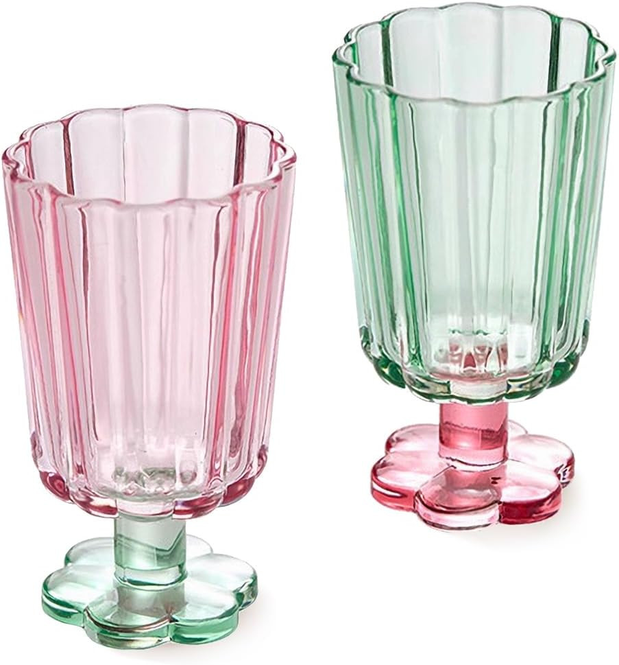 Tall Ripple Drinking Glasses Set of 2 (Pink & Green), Flower Petal Style Glass Goblet, Suitable f... | Amazon (US)