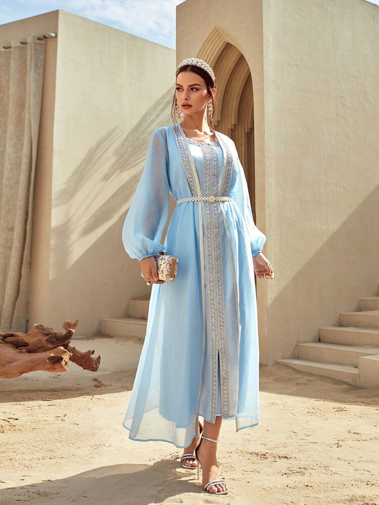 SHEIN Najma Lace Trim Open Front Belted Coat & Slit Hem Dress Set | SHEIN