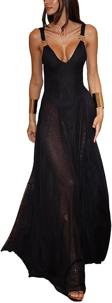 Women's Sexy See Through Sheer Lace Maxi Dress Mesh A-line Long Dresses Beach Vacation Party Wear | Amazon (US)