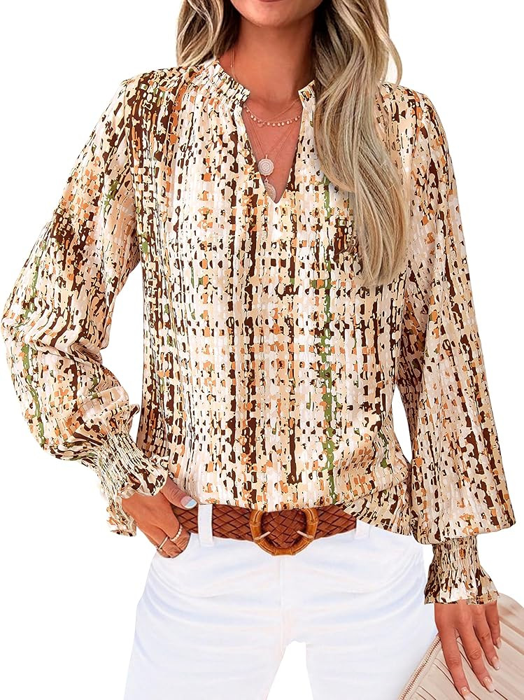 MASCOMODA Womens Boho Floral Long Sleeve Loose Chiffon Blouses | Amazon (US)