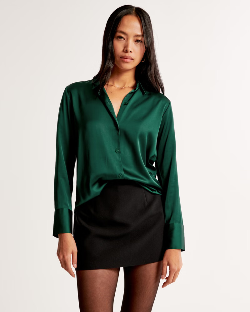 Women's Long-Sleeve Satin Button-Up Shirt | Women's Tops | Abercrombie.com | Abercrombie & Fitch (US)