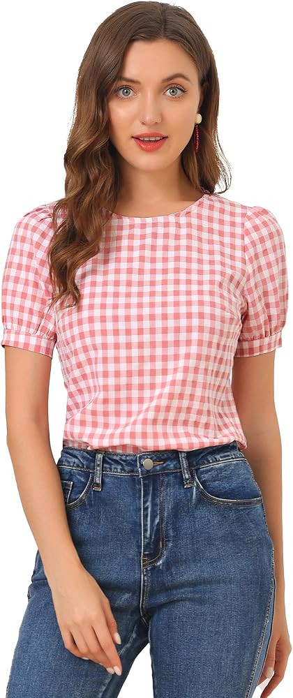Allegra K Vintage Blouse for Women's Plaid Crew Neck Puff Sleeve Casual Gingham Tops | Amazon (US)