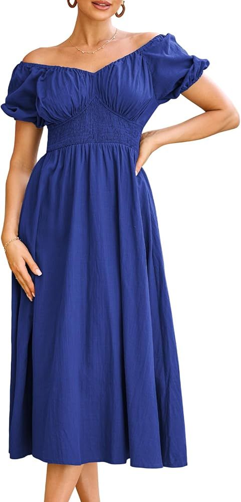 GRACE KARIN 2024 Women's Summer V Neck Smocked Cotton Dresses Short Puff Sleeve Flowy A Line Maxi... | Amazon (US)