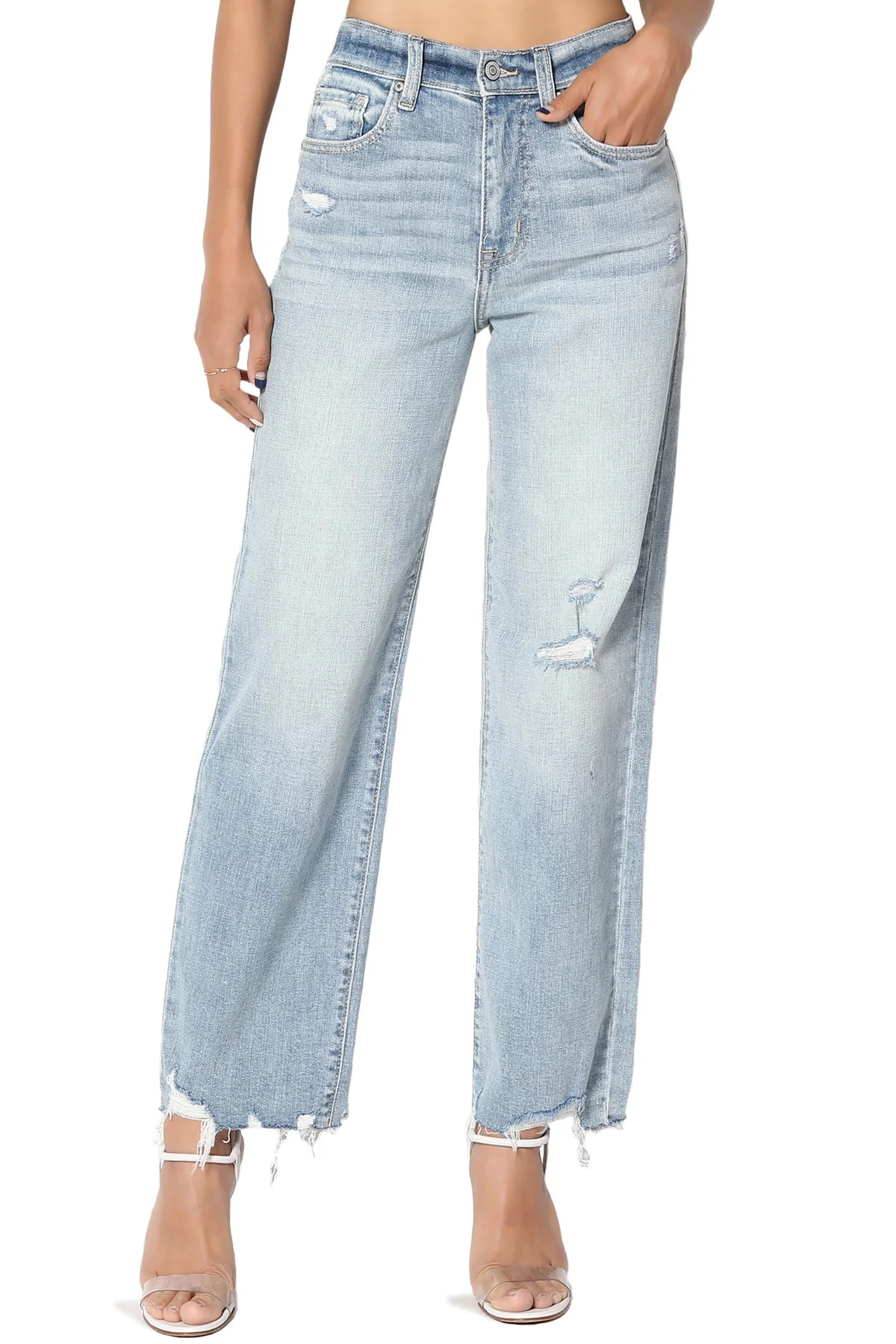 TheMogan Women's Dawn Vintage Distressed High Rise Raw Hem Crop Wide Leg Jeans - Walmart.com | Walmart (US)