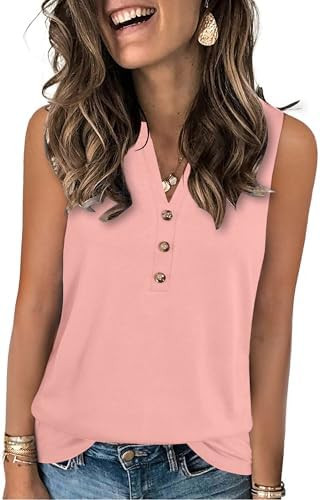 XMTOPYE Womens Summer Tank Top V Neck Sleeveless Tops Button Shirts Loose Fit Basic Clothes | Amazon (US)