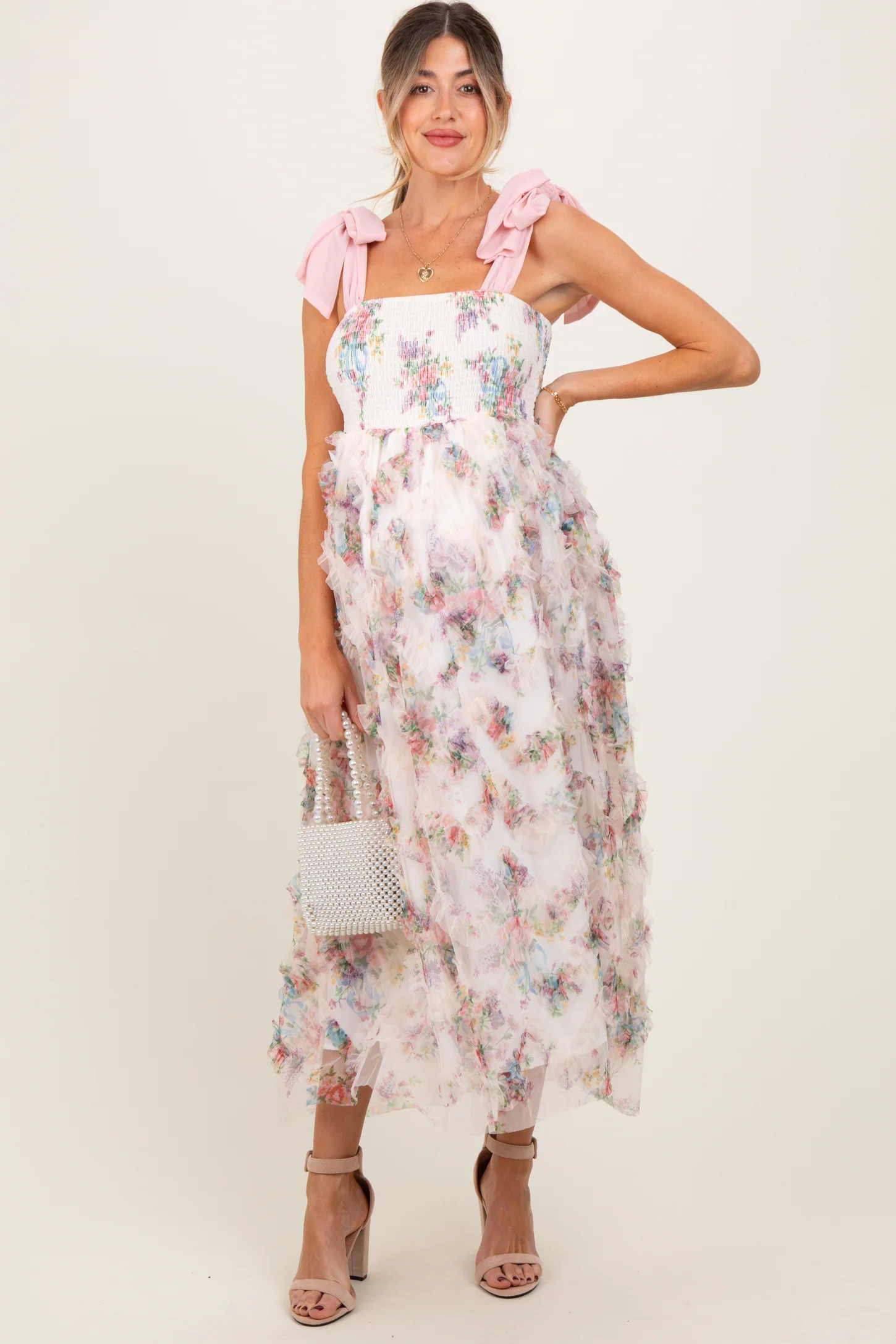 Cream Floral Smocked Shoulder Tie Ruffled Maternity Midi Dress | PinkBlush Maternity