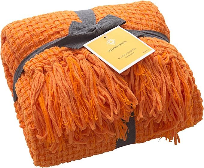 Super Soft Throw, Decorative Woven Plaid Pattern Throw Blanket with Tassels, 50x60, Orange | Amazon (US)