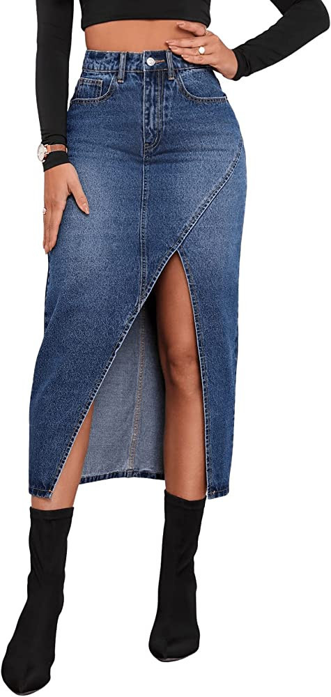 SweatyRocks Women's Casual Denim Skirt High Waist Split Front Long Jean Skirts | Amazon (US)