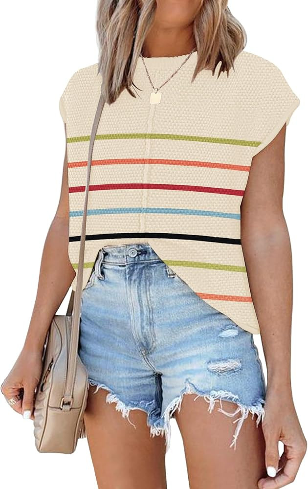 Waffle Knit Sweater Shirts for Women Cap Sleeve Summer Tops Basic Tank Tops | Amazon (US)