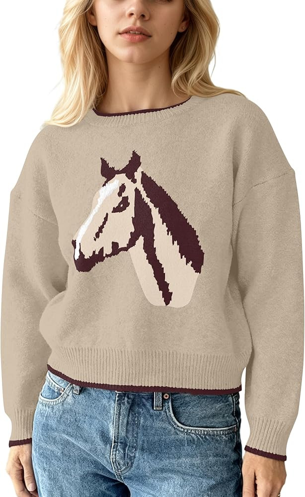 Ythomm Womens Crewneck Horse Graphic Sweaters Long Sleeve Knit Jumpers Casual Contrast Drop Shoul... | Amazon (US)
