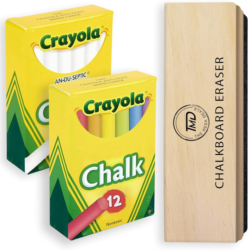 Chalkboard Chalk and Eraser Set, 24 Pack Including 12 White and 12 Colored Chalk 1 Felt Eraser, D... | Amazon (US)