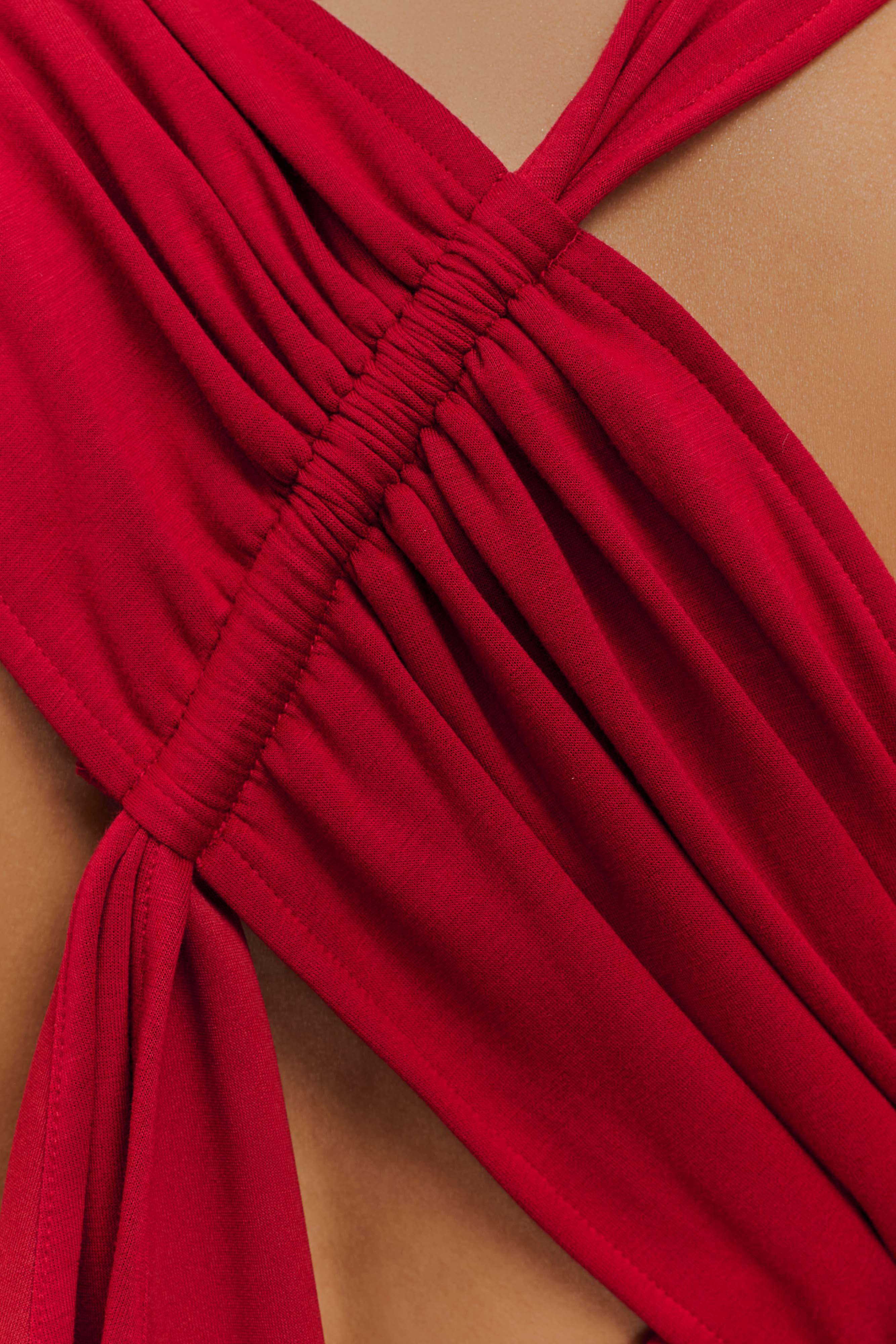 Catelyn Asymmetrical Scuba Jersey Midi Dress - Ruby | MESHKI US