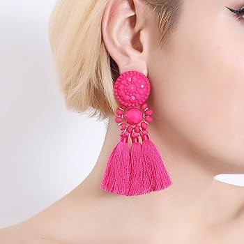boderier Bohemian Statement Thread Tassel Chandelier Drop Dangle Earrings with Cassandra Button S... | Amazon (US)