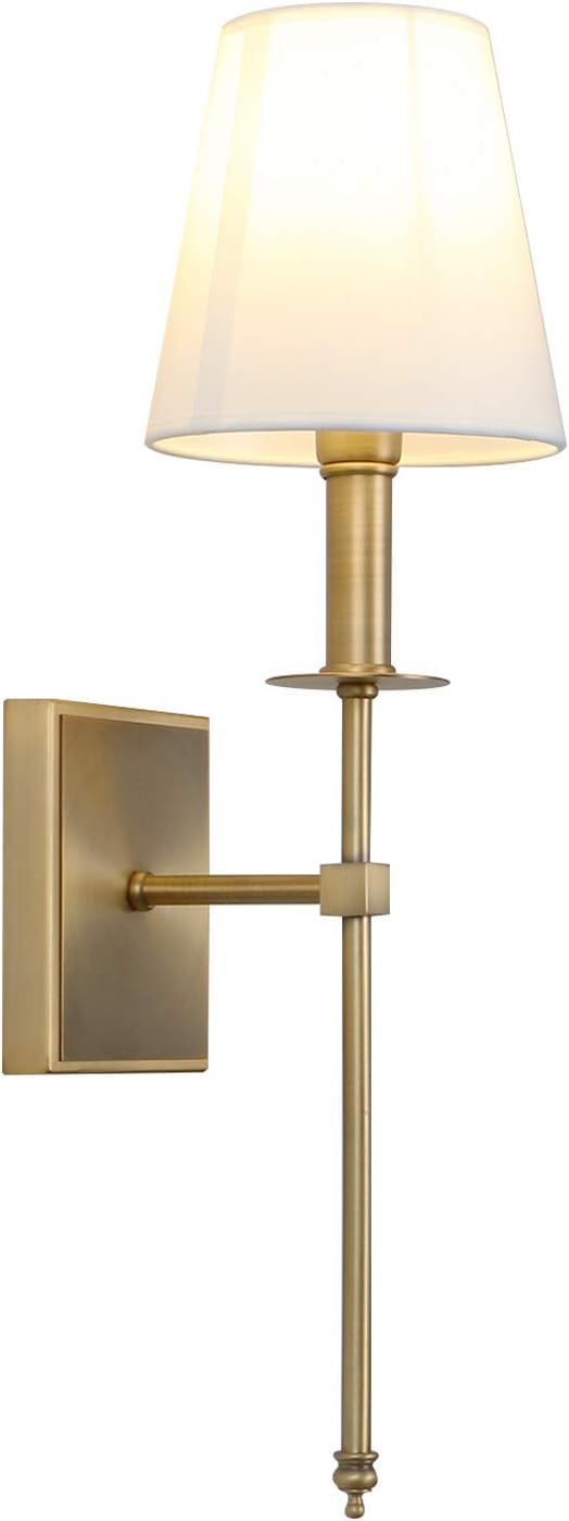 Single Classic Rustic Industrial Wall Sconce Lighting Fixture with Flared White Textile Lamp Shade and Antique Brass Tapered Column Stand, Hardwired, E26 Base | Amazon (US)