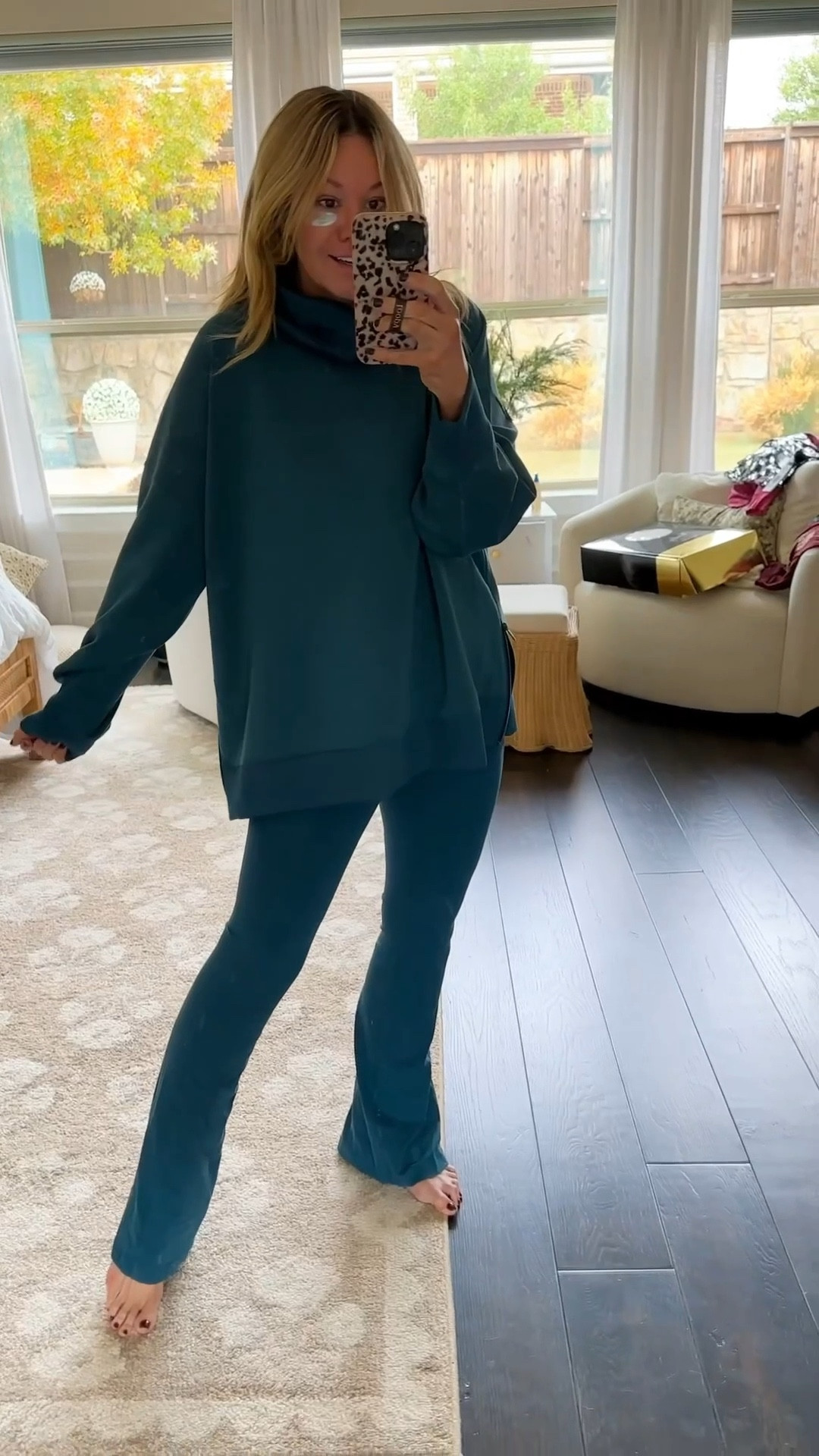 Great monochromatic set! The leggings are true to size. I’m wearing a medium and the top I sized up one to a large.