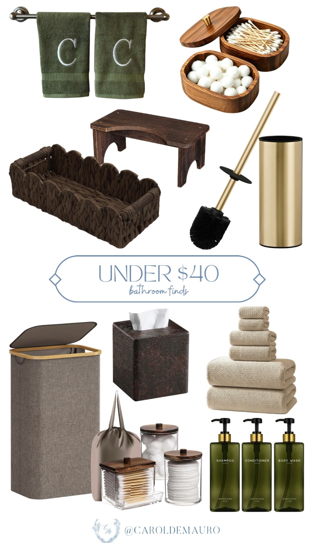 Upgrade the bathroom without spending a fortune! Woven baskets, monogrammed towels, and a gold toilet brush make everything feel so much more polished.

budget bathroom essentials, affordable bathroom finds, bathroom organization, gold bathroom accents, under $40 finds, earth tones