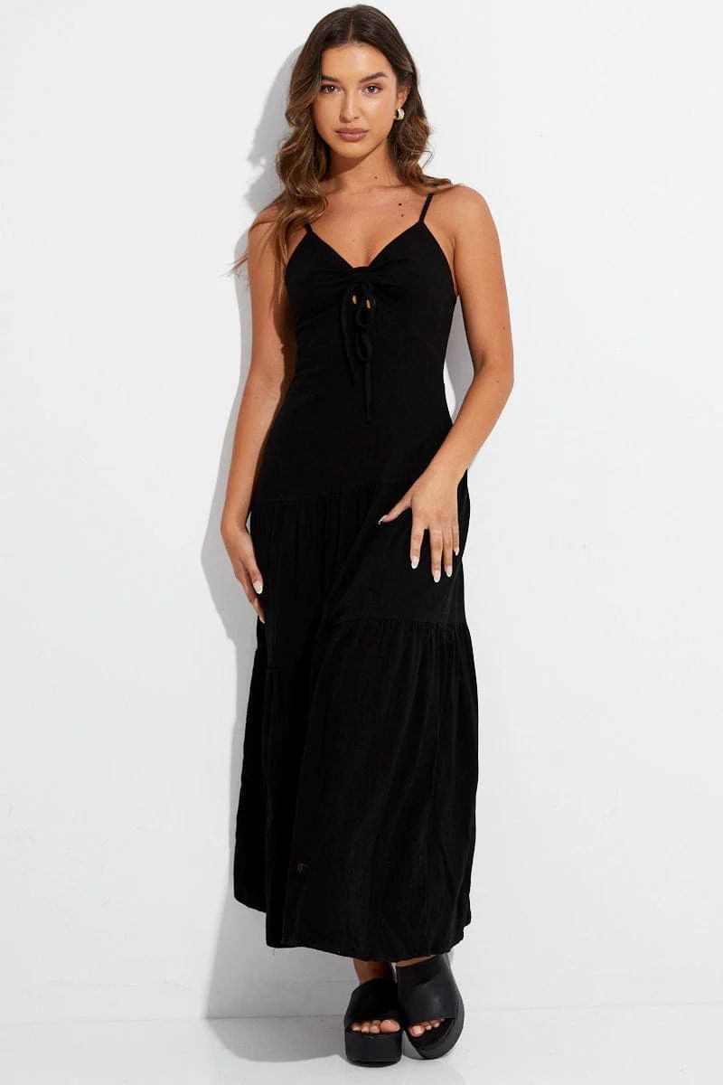 Black Maxi Dress Sleeveless Tiered Linen Blend | Ally Fashion (US, Australia & New Zealand)