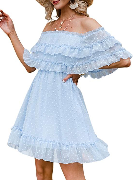 Miessial Women's Summer V Neck Chiffon Ruffle Mini Dress Elegant Tie Waist Short Sundress | Amazon (US)
